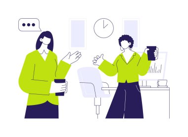 İç iletişim soyut konsept vektör çizimi. İş arkadaşları konuşuyor ve kahve içiyor, işçi iletişimi, iş adabı, şirket kültürü, şirket kuralları soyut metafor.