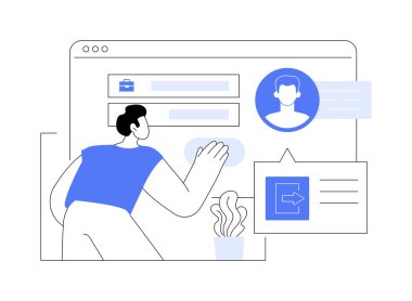 İzole edilmiş vektör çizimlerini çıkar. Tabletteki bir çıkış tuşuna basan adam, kullanıcı hesabı ekranından çıkış, modern bilişim teknolojisi, profesyonel yazılım vektör karikatürü.