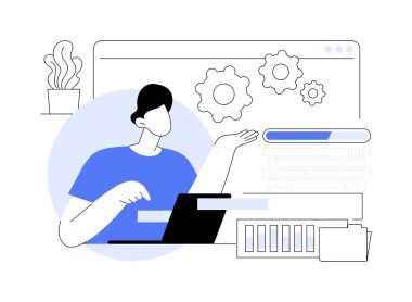 Yazılım izole edilmiş çizgi film vektör çizimleri indir. Bilgisayarda insan indirme yazılımı, modern bilişim teknolojisi, profesyonel program kurulumu, uygulama yükseltme vektör karikatürü.