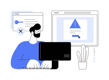 Ehliyetin süresi dolmuş karikatür vektör çizimleri. Adam bilgisayar ekranında uyarı işareti alıyor, profesyonel yazılım lisansının süresi dolmuş problem, modern bilişim teknolojisi vektör karikatürü.