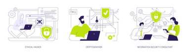Bilgi teknolojisi güvenlik soyut konsept vektör çizimi seti. Etik hacker nüfuz testiyle ilgilenir, kriptograf şifreler geliştirir, siber güvenlik danışmanı soyut metafor.