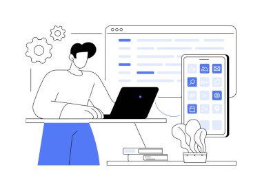 Doğal mobil uygulama karikatür vektör çizimlerini izole etti. Laptop ve akıllı telefon kodlama yerli uygulama, bilişim teknolojisi, uygulama geliştirme, kullanıcı deneyim vektör karikatürünü optimize.