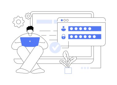 İzole edilmiş karikatür vektör çizimleri girin. Dizüstü bilgisayarı olan adam profesyonel yazılımı yükseltti, uygulama tarifesini değiştirdi, modern bilişim teknolojisi, program indirme vektör karikatürü.