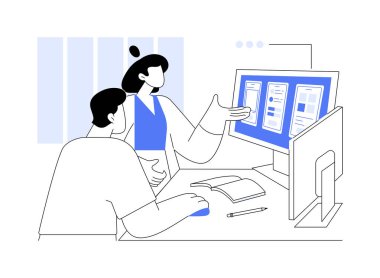 UI UX tasarım yazılımı karikatür vektör çizimlerini izole etti. Yeni UI UX tasarım uygulamasını, modern bilişim teknolojisini, profesyonel yazılım oluşturma vektör karikatürünü tartışan geliştiriciler grubu.