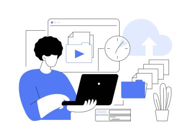 Dosyaları izole edilmiş karikatür vektör çizimleri yükle. Bilgisayarlı konsantre adam belgeleri internete yüklüyor, modern bilişim teknolojisi, profesyonel bilgisayar yazılımı, dosya paylaşım vektör karikatürü.