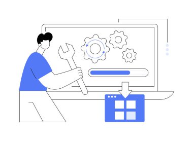 Yazılımı karikatür vektör çizimlerini izole et. Dizüstü bilgisayarı olan adam profesyonel yazılımı yükseltti, uygulama tarifesini değiştirdi, modern bilişim teknolojisi, program indirme vektör karikatürü.