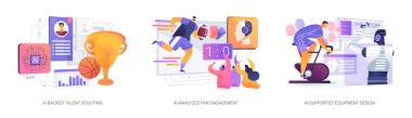 Sports Industry 'nin soyut konsept vektör illüstrasyon setindeki yapay zeka. Yapay Destekli Yetenek İzciliği, oyuncu istatistikleri ve yetenekleri, El-Analizli Hayran Bağlantısı, Ekipman Tasarımı ve Güvenlik Benzetmesi.