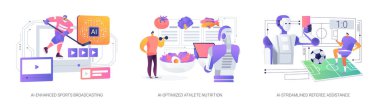 Sports Management 'daki yapay zeka soyut konsept vektör çizimi. AI-Geliştirilmiş Spor Yayıncılığı, AI-İyimser Atletizm Beslenme, El-Akımlı Hakem Yardımı, Video Analizi Soyut Benzetme.