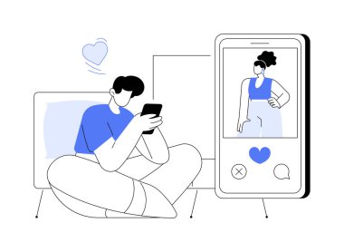 Randevu uygulaması karikatür vektör çizimlerini izole etti. Erkek, flört uygulaması, bilişim teknolojisi geliştirme, online ilişki vektör karikatürü kullanırken akıllı telefon ekranından fotoğrafları yürütür.