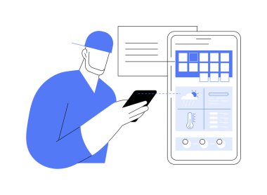 Hava durumu uygulaması karikatür vektör çizimlerini izole etti. Akıllı telefon ekranında, modern bilişim teknolojisinde, hava durumu uygulaması geliştirme vektörü karikatüründe özel yazılımla tahminleri kontrol eden adam.