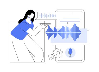 Ses araması izole edilmiş çizgi film vektör çizimleri. Telefonu tutan ve konuşma tanıma uygulaması kullanan kadın, bilişim teknolojisi, veri transferi, büyük veri, makine öğrenme endüstrisi karikatürü.
