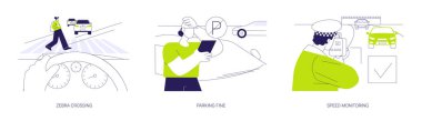 Trafik yönetmeliği soyut konsept vektör çizimi seti. Yaya geçen zebra, park cezası, radar monitörlü yol devriyesi hız, trafik kuralları ihlali soyut metafor.