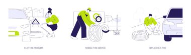Araba arızası konsept vektör çizimi seti. Lastik patlaması, mobil tamirat, lastik değiştirme, sigorta komisyoncusunu aramalar, trafik kazası, araç bakımı soyut metaforu..