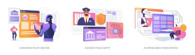 Hükümet ve Kamu Hizmetleri 'ndeki yapay zeka soyut konsept vektör çizimi seti. Geliştirilmiş Politika Analizi, El-Destekli Kamu Güvenliği, Sohbet robotları soyut metaforlu El-Akımlı Vatandaş Hizmetleri.