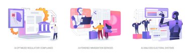 AI in Government Management abstract concept vector illustration set. AI-Optimized Regulatory Compliance, AI-Powered Immigration Services, AI-Analyzed Electoral Systems abstract metaphor. clipart