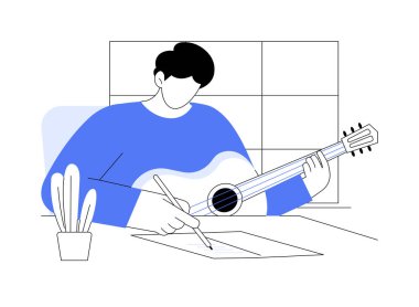Akustik gitar izole edilmiş karikatür vektör çizimleri. Genç adam bir kağıt parçasına akorlar yazıyor, elinde akustik gitar, yaratıcı hobi, boş zaman, şarkı sözü yazarı vektör karikatürü..
