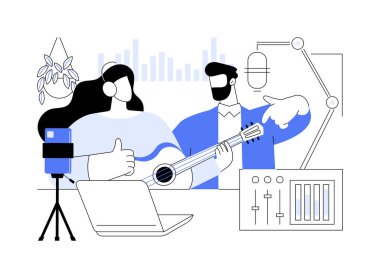 Müzik blogları izole edilmiş çizgi film çizimleri. Gitar kaydı videosu olan gülümseyen çift vlog, müzik promosyonu, online ders oluşturma, eğlence zamanı sanat aktivite vektörü çizgi filmi.