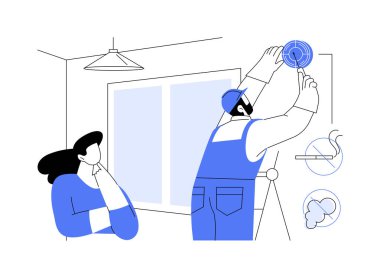 Yangın algılama sensörü karikatür vektör çizimlerini izole etti. İşçi müşteri dairesine yangın alarmı sistemi kurar, ev modern teknoloji, ev duman dedektörü, acil durum yardım vektörü çizgi filmi.