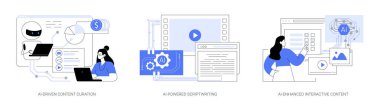 Yapay zeka içeriği oluşturma araçları soyut konsept vektör illüstrasyon seti. Al-Driven İçerik Curasyonu, Al-Powered Scriptwriting, Al-Enforced Interactive Content, video prodüksiyon soyut metaforu.