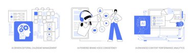 Yapay zeka, soyut konsept vektör çizimi seti. AI-Driven Editör Takvim Yönetimi, El-Güç Marka Ses Tutarlılığı, El-Geliştirilmiş İçerik Performans Analizi Soyut Metaforu.