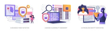 Siber Güvenlik 'teki yapay zeka soyut konsept vektör çizimi seti. Gelişmiş Tehdit Algılama, El-Destekli Savunmasızlık Değerlendirmesi, El-Akımlı Kimlik Doğrulama, Soyut Güvenli Erişim Metaforu.