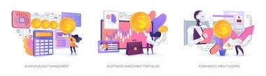 Kişisel Finans, soyut konsept vektör illüstrasyonunda yapay zeka. Al-Driven Bütçe Yönetimi, El-İyimser Yatırım Portföyleri, El-Geliştirilmiş Kredi Puanı, Finansal davranış soyut metaforu.