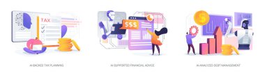 Kişisel Finans 'taki Al Technology soyut konsept vektör çizimi seti. AI-Destekli Vergi Planlama, kimlik kesintileri, El-Destekli Mali Danışmanlık, El-Analiz Borç Yönetimi soyut metaforu.