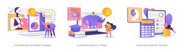 AI soyut konsept vektör illüstrasyon setiyle Kişisel Mali Yönetim. El-Akımlı Emeklilik Planlama, El-Güç Finansal Edebiyat, El-Geliştirilmiş Masraflı İzleme soyut metaforu.