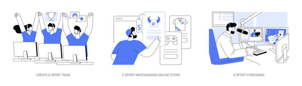 E-sport business isolated cartoon vector illustrations set. Professional cybersport gamers create a team, managing merchandise online store, streaming live contest, gaming industry vector cartoon.