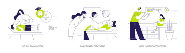 School dentist abstract concept vector illustration set. Student dental examination, basic dental treatment, oral hygiene instruction, pediatric stomatology, cavity checkup abstract metaphor.