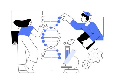 Biyoloji karikatür vektör çizimlerini izole etti. Öğrenciler DNA modelini öğreniyor ve notlar alıyor, yüksek öğrenim, devlet üniversitesi, biyoloji yardımcı diploması, kromozom araştırma vektörü karikatürü.