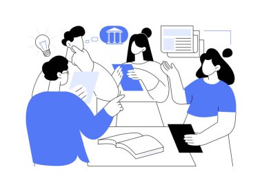 Gazetecilik, karikatür vektör çizimlerini izole etti. Gülümseyen Jornalist öğrencilerden oluşan bir grup bir proje üzerinde birlikte çalışıyor, yüksek eğitim, devlet üniversitesi, yardımcı vektör karikatürü.