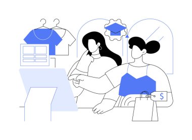 Moda perakende satışları karikatür vektör çizimlerini izole etti. Perakende satış, moda satışları, müşteri hizmetleri, eğitim süreci vektör karikatürü altında çalışan gülümseyen öğrenci..