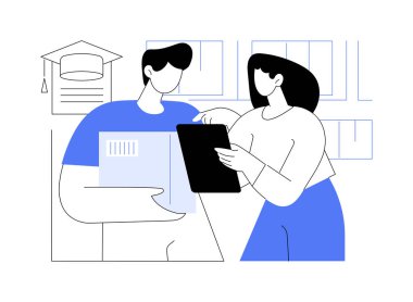 Envanter yönetimi karikatür vektör çizimlerini izole etti. Öğrenci bilgilerini tablet, moda endüstrisinde eğitim, sipariş işleme, satın alma denetimi vektör karikatürü hakkında gösteren kadın.