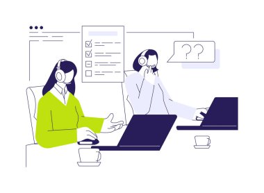 Bilgisayar destekli telefon görüşmesi soyut konsept vektör çizimi. Bir grup kamuoyu yoklaması çalışanı telefonla, sosyal bilimle ve hareketle, CATI yazılımı soyut metaforuyla insanlarla röportaj yapıyor..