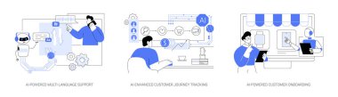 Müşteri hizmetlerindeki Yapay Zeka soyut konsept vektör çizimi seti. AI-Güçlü Çoklu Dil Desteği, Geliştirilmiş Müşteri Seyahati İzleme ve Soyut Benzetme.