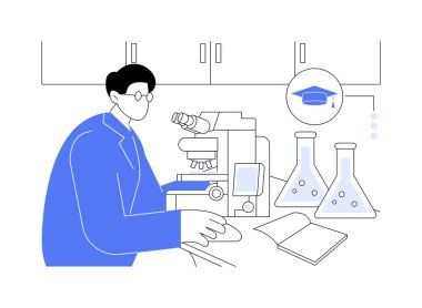 Tıbbi laboratuvar teknisyeni karikatür vektör çizimlerini izole etti. Laboratuvarda mikroskop altında gözlem yapan genç öğrenci, tıbbi araştırma yapıyor, yüksek öğrenim vektör karikatürü çiziyor..