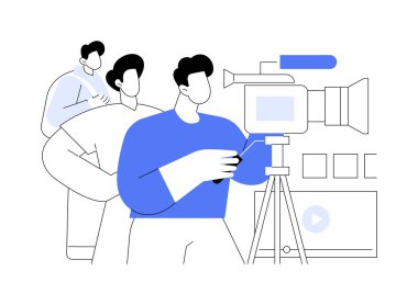 Dijital video üretimi karikatür vektör çizimlerini izole etti. Bir grup öğrenci profesyonel kamera, video prodüksiyon kursu, yüksek öğrenim vektör karikatürü kullanarak bir stüdyoda film çekiyor..