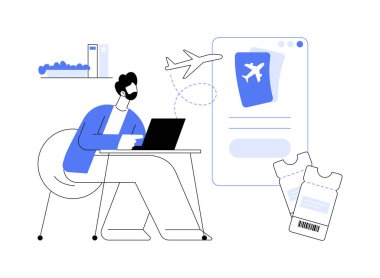 Biletleme yazılımı karikatür vektör çizimlerini izole etti. Özel uygulama, modern bilişim teknolojisi, profesyonel yazılım, servis vektör karikatürü ile online bilet alan bir adam..