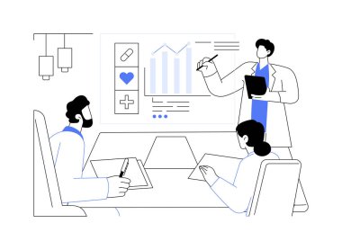 Sağlık hizmeti büyük verileri karikatür vektör çizimlerini izole etti. Hastalıkların önlenmesini, bilişim teknolojisini, veri transferini, büyük verileri, makine öğrenme vektör karikatürünü tartışan çeşitli doktorlar grubu.