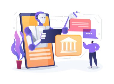 Al-Power Legal Chatbots soyut konsept vektör çizimi. Hukuk Hizmetleri. Müşterilere hukuki danışmanlık ve yapay zeka sohbet robotlarıyla bilgi sağlıyor. AI Teknoloji. soyut metafor.