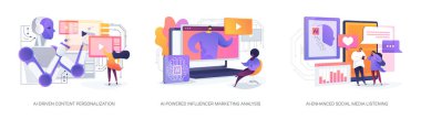Sosyal medyadaki yapay zeka soyut konsept vektör çizimi seti. Al-Driven İçerik Kişiselleştirme, Al-Güçlü Etki Pazarlama Analizi, El-Geliştirilmiş Sosyal Medya Dinleme soyut metaforu.