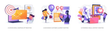 Soyut konsept vektör illüstrasyonunda yapay zeka seti. AI-Driven E- posta Kampanyası Optimizasyonu, Müşteri Seyahat Haritası, Görsel İçerik Oluşturma Özeti.