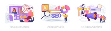 AI for marketing teams abstract concept vector illustration set. AI-Driven user Behavioral Targeting, AI-Powered SEO Optimization, AI-Enhanced Real-Time Marketing and analytics abstract metaphor. clipart