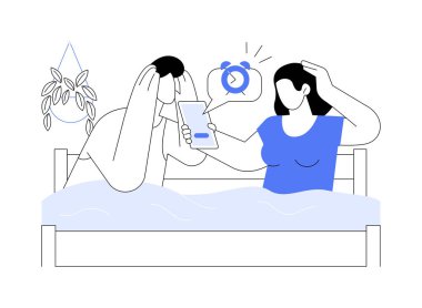 İzole edilmiş çizgi film çizimleri uyuyakalmış. Aşırı uyuyan çift, ellerinde akıllı telefon, insan yaşam tarzı, ev rutini, gündüz, sabah baskısı karikatürü..