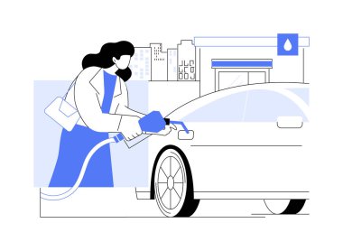 Benzin istasyonu karikatür vektör çizimlerini izole etti. Güzel bir kız sabah benzin istasyonunda arabasına yakıt dolduruyor. İnsanların yaşam tarzı, günlük ev işleri, otomotiv yakıt vektör karikatürü..