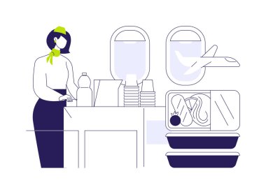 Uçuş sırasında soyut konsept vektör çizimi. Uçuş görevlisi uçaktaki yolculara yiyecek ve içecek, hava yolu ulaşımı, ticari hava taşımacılığı metaforu sunar..