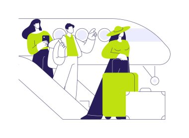 Çıkarma soyut konsept vektör illüstrasyonu. Uçaktan inen çeşitli insanlar, havayolu ulaşımı, ticari hava taşımacılığı, karadan çıkış süreci soyut metafor.