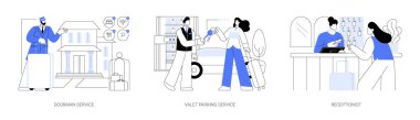 Hotel service isolated cartoon vector illustrations set. Smiling doorman welcoming guest, valet parking worker gets keys from clients car, receptionist provide information to people vector cartoon.