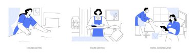 Hotel jobs isolated cartoon vector illustrations set. Housekeeper in uniform making bed in room, cleaning lady, room service, breakfast in bed, hotel management, hospitality business vector cartoon.